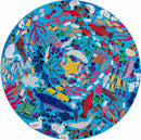 A vibrant Under the Sea Round Puzzle by Eeboo featuring a colorful underwater scene filled with various fish, sea creatures, and marine plants on a bright blue background. The jigsaw puzzle is circular in shape, showcasing playful illustrations in an engaging and whimsical design, perfect for puzzle enthusiasts of all ages.