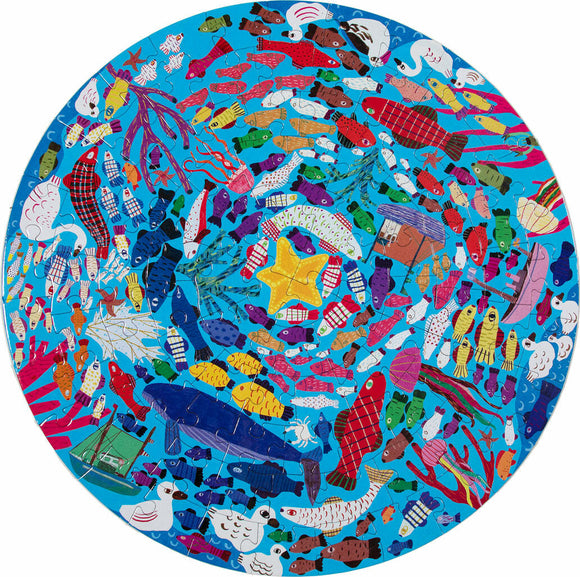 A vibrant Under the Sea Round Puzzle by Eeboo featuring a colorful underwater scene filled with various fish, sea creatures, and marine plants on a bright blue background. The jigsaw puzzle is circular in shape, showcasing playful illustrations in an engaging and whimsical design, perfect for puzzle enthusiasts of all ages.