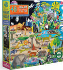 Colorful 48-piece jigsaw puzzle by Eeboo titled 'Within the Biome.' The puzzle features a vibrant illustration of diverse wildlife in various habitats, including animals like bears, elephants, and giraffes amidst trees, rivers, mountains, and more. An informational poster is included, making it educational and engaging for children aged 4 and up.