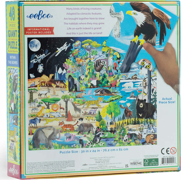 Eeboo Within the Biome jigsaw puzzle featuring a vibrant and colorful illustration of various biomes and their respective wildlife. The puzzle includes 48 pieces and comes with an informational poster. The front of the box displays a hand placing a puzzle piece onto a detailed scene including animals like bears, tigers, and various birds. The puzzle dimensions are 30 inches by 24 inches, with an emphasis on nature and educational themes.