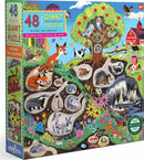 Eeboo's Within the Country 48-piece Giant Jigsaw Puzzle featuring vibrant illustrations of woodland animals, flowers, and a colorful tree. The puzzle comes with an informational poster and is designed for children ages 4 and up. The box showcases a variety of animals, including foxes, bunnies, and owls, set against a lush landscape.