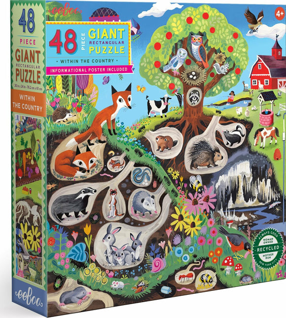 Eeboo's Within the Country 48-piece Giant Jigsaw Puzzle featuring vibrant illustrations of woodland animals, flowers, and a colorful tree. The puzzle comes with an informational poster and is designed for children ages 4 and up. The box showcases a variety of animals, including foxes, bunnies, and owls, set against a lush landscape.