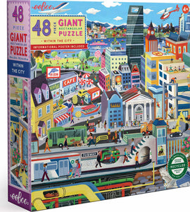 Eeboo's 'Within the City' jigsaw puzzle features a vibrant, illustrated cityscape with various buildings, vehicles, and people engaging in different activities. The box displays the title, piece count (48), and an informational poster included.