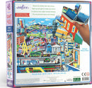 Eeboo Within the City 48-piece jigsaw puzzle featuring a vibrant cityscape with buildings, vehicles, and people. The box includes an informational poster and displays actual piece size. The puzzle measures 30 in x 24 in (76.2 cm x 61 cm).