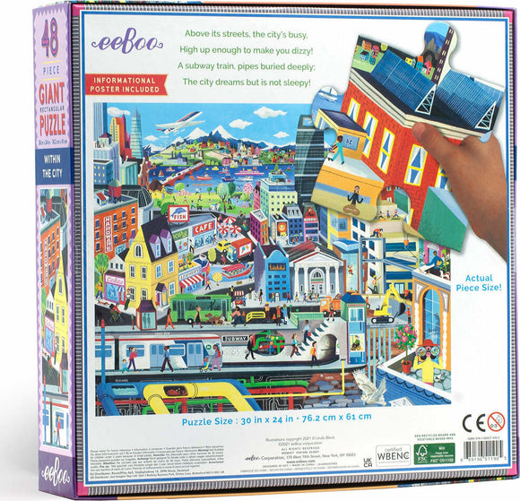 Eeboo Within the City 48-piece jigsaw puzzle featuring a vibrant cityscape with buildings, vehicles, and people. The box includes an informational poster and displays actual piece size. The puzzle measures 30 in x 24 in (76.2 cm x 61 cm).