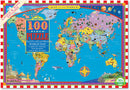 A colorful 100-piece world map jigsaw puzzle by Eeboo, featuring illustrated countries, landmarks, and oceanic elements. Dimensions: 18 in x 27 in (45.7 cm x 68.5 cm). Includes a legend and icons for easy reference.
