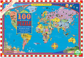 A colorful 100-piece world map jigsaw puzzle by Eeboo, featuring illustrated countries, landmarks, and oceanic elements. Dimensions: 18 in x 27 in (45.7 cm x 68.5 cm). Includes a legend and icons for easy reference.