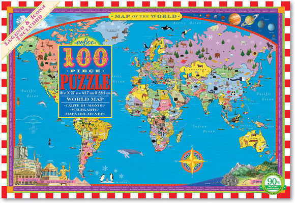 A colorful 100-piece world map jigsaw puzzle by Eeboo, featuring illustrated countries, landmarks, and oceanic elements. Dimensions: 18 in x 27 in (45.7 cm x 68.5 cm). Includes a legend and icons for easy reference.