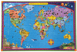 A colorful 100-piece jigsaw puzzle featuring a world map. The puzzle showcases various countries with illustrations, landmarks, and animals. The map is vibrant, with ocean blue background and detailed drawings representing different biomes and cultures across continents.