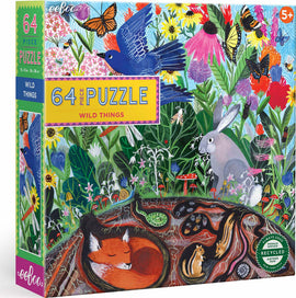 Eeboo Wild Things jigsaw puzzle featuring a vibrant illustration of animals and nature, including a fox, rabbit, and a variety of flowers and butterflies. The puzzle contains 64 pieces and is suitable for children aged 5 and up. The packaging highlights eco-friendly materials and colorful artwork, creating an engaging and educational experience.