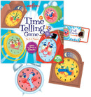 The Time Telling Game by Eeboo features a colorful box and illustrated clock faces, designed for 2-4 players. The game aims to teach children how to read time with engaging, friendly characters on each clock. Includes a card with instructions and game mechanics.
