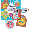 Colorful Time Telling Game by Eeboo featuring various cartoon clocks with smiling faces and instructional cards. Suitable for 2-4 players aged 5 and up.