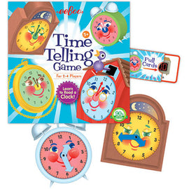 Colorful Time Telling Game by Eeboo featuring various cartoon clocks with smiling faces and instructional cards. Suitable for 2-4 players aged 5 and up.