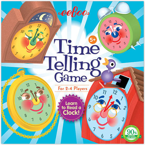 The Time Telling Game by Eeboo features a colorful box with various cheerful clock characters. It is designed for 2-4 players and suitable for ages 5 and up, promoting learning to read a clock.