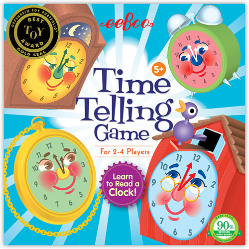 The Time Telling Game by Eeboo features a colorful box with smiling clocks in various shapes. Includes a yellow round clock, a green clock with a bird, a blue clock, and a red barn-shaped clock. Suitable for 2-4 players and recommended for ages 5 and up. Emphasizes learning to read a clock.