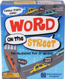Word On The Street board game by Educational Insights, featuring colorful graphics and playful text. The game box displays fun elements like cars, a vibrant street scene, and phrases inviting players to engage in a hilarious word tugging challenge. Suitable for ages 10 and up, designed for 2-8 players, perfect for family gatherings and parties.