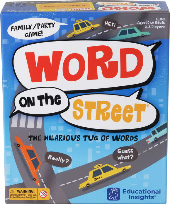 Word On The Street board game by Educational Insights, featuring colorful graphics and playful text. The game box displays fun elements like cars, a vibrant street scene, and phrases inviting players to engage in a hilarious word tugging challenge. Suitable for ages 10 and up, designed for 2-8 players, perfect for family gatherings and parties.