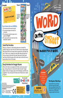 Word On The Street game by Educational Insights, featuring a colorful game board with letter tiles, category cards, and a timer. The game encourages wordplay and strategic thinking among 2 to 8 players aged 10 and up. Includes a guide for gameplay and variations for different ages.