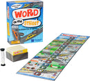 The game 'Word On The Street' by Educational Insights, featuring its colorful packaging and game components. The game includes a vibrant game board showcasing a city street design with letters and illustrations, an hourglass timer, and a box of word cards. Perfect for family parties and groups, ideal for ages 10 and up.