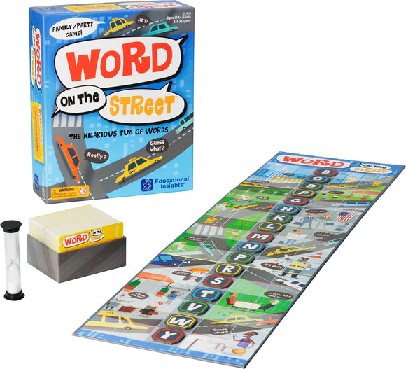 The game 'Word On The Street' by Educational Insights, featuring its colorful packaging and game components. The game includes a vibrant game board showcasing a city street design with letters and illustrations, an hourglass timer, and a box of word cards. Perfect for family parties and groups, ideal for ages 10 and up.