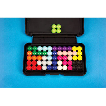 Kanoodle mechanical puzzle by Educational Insights. The puzzle features colorful, geometric pieces arranged in a compact, black carrying case. The case is open, displaying a complex design created with various colored balls, encouraging logical thinking and problem-solving skills.
