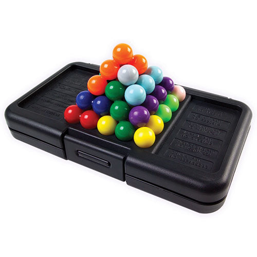 Kanoodle by Educational Insights is a mechanical puzzle that features a compact black case containing a colorful assortment of plastic balls in various hues, arranged in a challenging pyramid formation. The puzzle encourages critical thinking and spatial reasoning as players work to replicate the designs shown in included challenge cards.