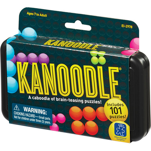Kanoodle by Educational Insights is a mechanical puzzle set featuring a vibrant packaging design with colorful balls. This educational game offers 101 brain-teasing challenges suitable for ages 7 and up, encouraging problem-solving and critical thinking skills. The box is compact and portable, making it ideal for on-the-go fun.