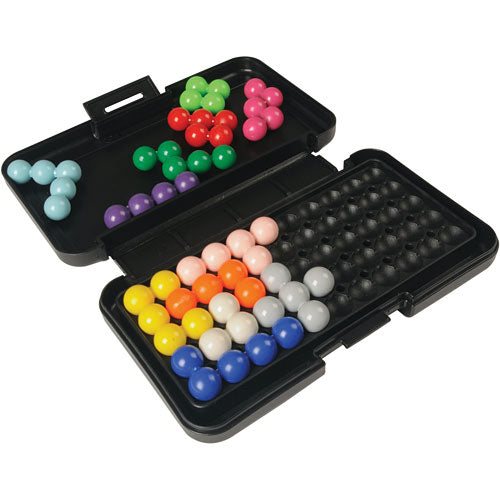 Kanoodle by Educational Insights is a mechanical puzzle featuring a compact black case with colorful plastic balls. The puzzle includes various shaped arrangements of balls in vibrant colors such as green, red, blue, and yellow for engaging problem-solving fun.