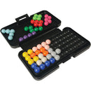 Kanoodle by Educational Insights is a mechanical puzzle featuring a compact black case with colorful plastic balls. The puzzle includes various shaped arrangements of balls in vibrant colors such as green, red, blue, and yellow for engaging problem-solving fun.