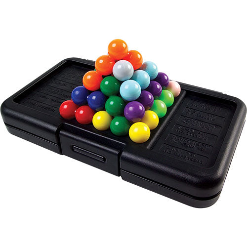 Kanoodle Mechanical Puzzle by Educational Insights featuring a pyramid of colorful, interlocking plastic balls arranged on a black base. The puzzle challenges players to fit all the pieces together in various configurations, enhancing spatial reasoning and problem-solving skills. Designed for individual or group play, it provides engaging brain-teasing fun for all ages.