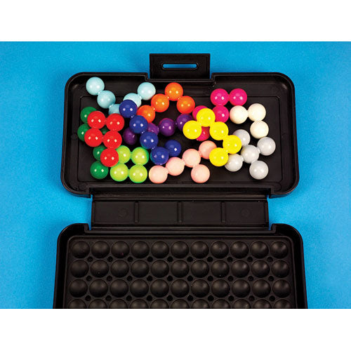 Kanoodle Mechanical Puzzle from Educational Insights featuring a black carrying case filled with colorful, interlocking plastic pieces in various colors including blue, red, yellow, and green. The pieces are designed for spatial reasoning and problem-solving activities, promoting cognitive development and creativity in a fun and engaging way.