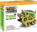 The Tusk Solar Boar DIY kit by TEAch Tech features a cute, solar-powered mechanical wild boar equipped with over 45 parts. The colorful design showcases a playful green body with detailed brown features, emphasizing the build-it-yourself concept to explore alternative energy. Suitable for ages 8 and up, this educational toy promotes fun while learning about solar energy.
