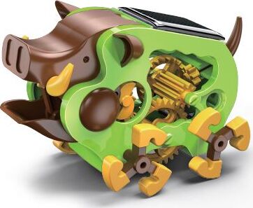 The Tusk Solar Boar by TEAch Tech is a colorful DIY solar-powered kit designed in the shape of a boar. It features intricate gears and mechanisms visible through its transparent body, showcasing its mechanical design. The boar is green with brown accents and yellow details, highlighting its playful and educational aspects, making it suitable for children and hobbyists interested in engineering and renewable energy.