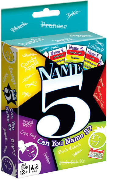 The Name 5 Card Game by Goliath features a colorful box with a bold design. The front showcases the game's title, with the slogan 'Can You Name 5?', surrounded by vibrant shapes and images representing different categories, appealing to ages 12 and up.