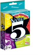 The Name 5 Card Game by Goliath features a colorful box with a bold design. The front showcases the game's title, with the slogan 'Can You Name 5?', surrounded by vibrant shapes and images representing different categories, appealing to ages 12 and up.