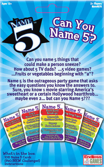 Name 5 Card Game by Goliath featuring a vibrant design. The game encourages players to name five items in various categories, such as movies or vegetables. The package displays colorful game cards and instructions, suitable for ages 12 and up. A fun party game for 2 or more players that challenges creativity and quick thinking.