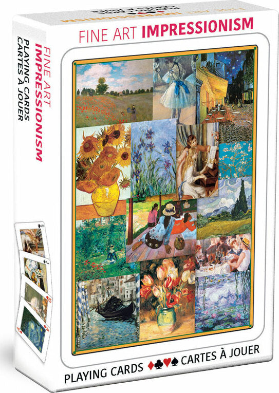 A boxed set of Fine Art Impressionism playing cards featuring vibrant artworks. The box showcases a collage of famous impressionist paintings, including sunflowers, landscapes, and figures, making it perfect for art lovers and card game enthusiasts. The dimensions are suitable for easy handling and storage.