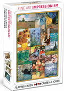 A boxed set of Fine Art Impressionism playing cards featuring vibrant artworks. The box showcases a collage of famous impressionist paintings, including sunflowers, landscapes, and figures, making it perfect for art lovers and card game enthusiasts. The dimensions are suitable for easy handling and storage.