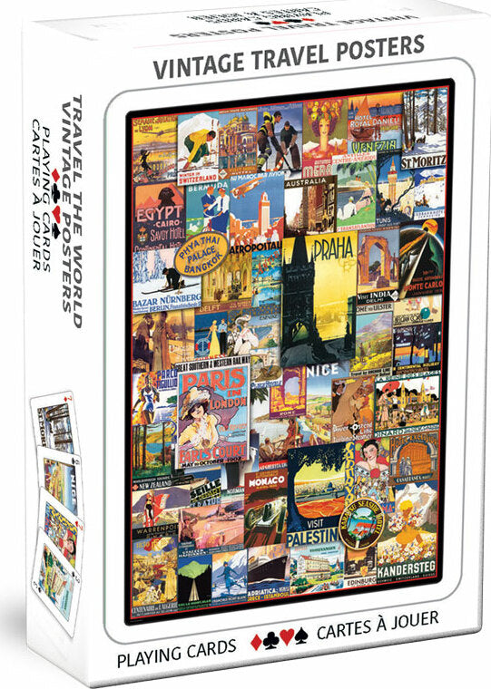 A box of Vintage Travel Posters playing cards by Eurographics, featuring colorful artwork inspired by various travel destinations around the world. The design showcases iconic landmarks and vintage advertisements from cities like Paris, Prague, and Nice, creating a nostalgic travel theme.