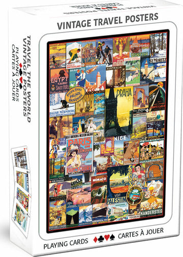 A box of Vintage Travel Posters playing cards by Eurographics, featuring colorful artwork inspired by various travel destinations around the world. The design showcases iconic landmarks and vintage advertisements from cities like Paris, Prague, and Nice, creating a nostalgic travel theme.