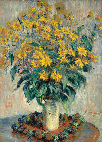 Beautiful jigsaw puzzle featuring vibrant yellow Jerusalem Artichoke flowers in a vase, inspired by Claude Monet. A charming and colorful piece perfect for nature lovers and puzzle enthusiasts alike.