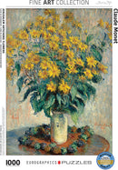 Eurographics jigsaw puzzle featuring a vibrant depiction of Jerusalem Artichoke Flowers by Claude Monet. This 1000-piece puzzle showcases Monet's impressionistic style with bright yellow flowers and dynamic brush strokes, set against a soft backdrop. Perfect for art lovers and puzzle enthusiasts alike, it offers hours of engaging activity while appreciating fine art.