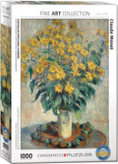 A jigsaw puzzle featuring a vibrant painting of Jerusalem Artichoke flowers by Claude Monet. The image depicts a bouquet of bright yellow flowers in a rustic vase, surrounded by green foliage, set against a soft, textured background that enhances the floral composition. The puzzle comes in a premium quality box from Eurographics, with 1000 pieces, suitable for art lovers and puzzle enthusiasts.