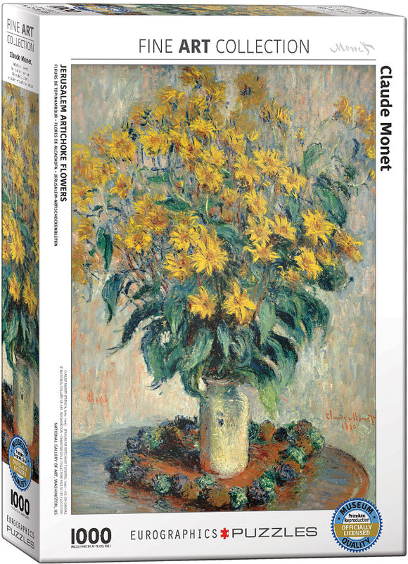 A jigsaw puzzle featuring a vibrant painting of Jerusalem Artichoke flowers by Claude Monet. The image depicts a bouquet of bright yellow flowers in a rustic vase, surrounded by green foliage, set against a soft, textured background that enhances the floral composition. The puzzle comes in a premium quality box from Eurographics, with 1000 pieces, suitable for art lovers and puzzle enthusiasts.