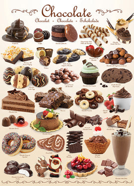 A colorful jigsaw puzzle featuring an assortment of delectable chocolate treats, including truffles, brownies, and chocolate-covered strawberries, with each item labeled for easy identification. The background is a light cream color, adorned with elegant script and vibrant images of various chocolate desserts.