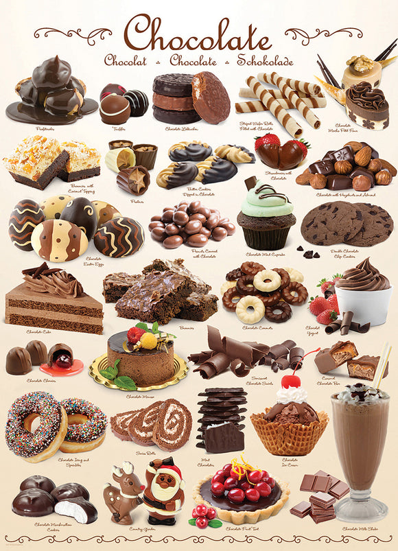 A colorful jigsaw puzzle featuring an assortment of delectable chocolate treats, including truffles, brownies, and chocolate-covered strawberries, with each item labeled for easy identification. The background is a light cream color, adorned with elegant script and vibrant images of various chocolate desserts.