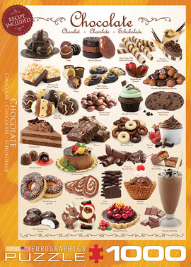 Eurographics 1000-piece jigsaw puzzle featuring a delightful assortment of chocolate treats. The design showcases various chocolate desserts, including cakes, cookies, truffles, and even a chocolate milkshake, all illustrated in vibrant colors. A recipe is included among the imagery, enhancing the enjoyment for chocolate lovers and puzzle enthusiasts alike.