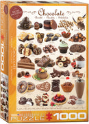 Eurographics 1000-piece jigsaw puzzle titled 'Chocolate', featuring a beautifully illustrated collection of various chocolate treats including pralines, cakes, cupcakes, and truffles. The box includes a recipe. The vibrant imagery showcases a delectable assortment of desserts and sweets, perfect for chocolate lovers.