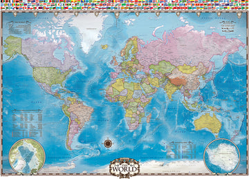 A detailed jigsaw puzzle featuring a colorful map of the world by Eurographics. It displays continents, countries, and oceans with a beautiful blue background. The borders are clearly defined, and a legend provides information about various geographical features. The puzzle also includes small, circular insets showing maps of other regions, enhancing its educational value.