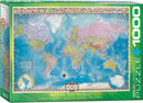 Eurographics 1000-piece jigsaw puzzle of the world featuring a detailed map that includes geographical boundaries, country names, and major bodies of water. The puzzle box showcases vibrant colors and a decorative border with flags from various countries, making it an educational and engaging activity for various age groups.